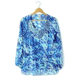 NWT Cache Jeweled Embellished Chiffon Cinch Waist Tunic Blouse